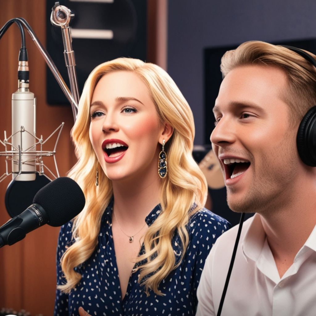 Cantor e mulher cantando em estúdio representando gravação personalizada